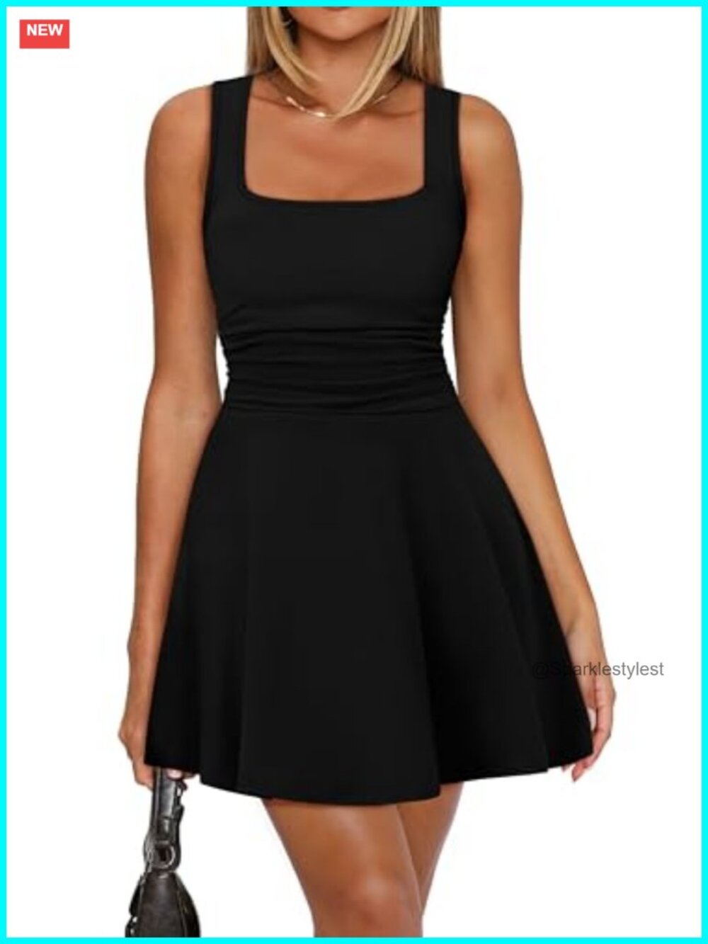 Square Neck Sleeveless Mini Dress Ruched Waist Fit and Flare Pleated